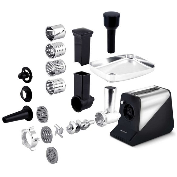 Húsdaráló, Berdsen, BD-602, ezüst, 800/2000 W, rozsdamentes acél kések és tárcsák, visszaforgás funkció, csúszásmentes gumitalp