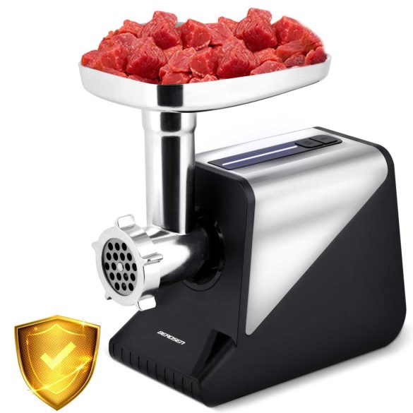 Húsdaráló, Berdsen, BD-602, ezüst, 800/2000 W, rozsdamentes acél kések és tárcsák, visszaforgás funkció, csúszásmentes gumitalp