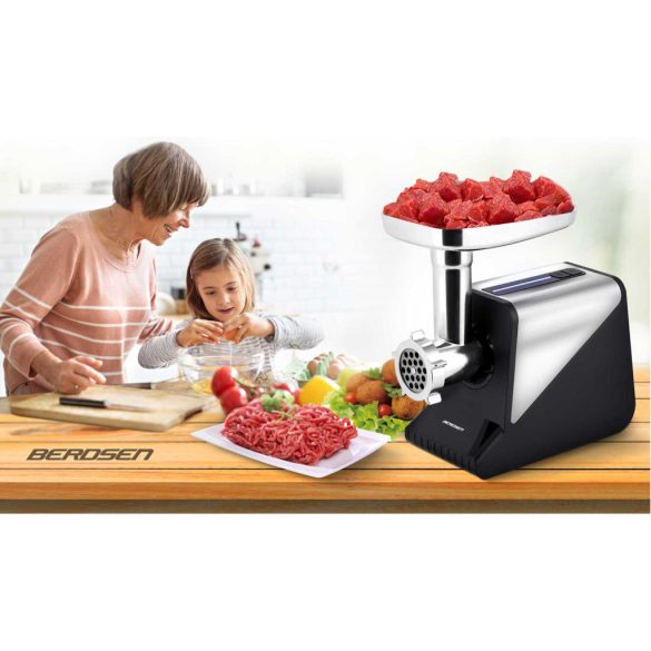 Húsdaráló, Berdsen, BD-602, ezüst, 800/2000 W, rozsdamentes acél kések és tárcsák, visszaforgás funkció, csúszásmentes gumitalp