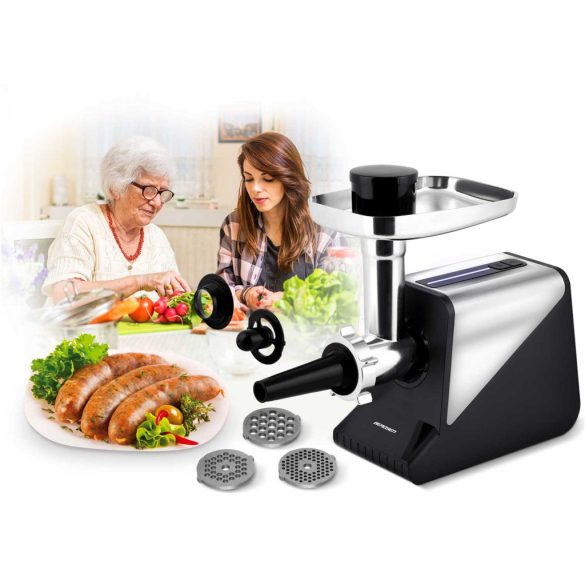 Húsdaráló, Berdsen, BD-602, ezüst, 800/2000 W, rozsdamentes acél kések és tárcsák, visszaforgás funkció, csúszásmentes gumitalp