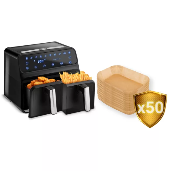 Sütőpapír Air Fryer forrólevegős sütőhöz, Berdsen, 22 × 14 cm, 50 db, natúr barna, hőálló kivitel, tapadásmentes, téglalap alakú