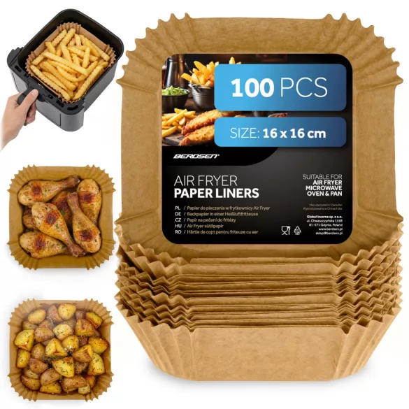 Sütőpapír Air Fryer forrólevegős sütőhöz, Berdsen, 16 x 16 cm, 100 db, natúr barna, hőálló kivitel, tapadásmentes, téglalap alakú