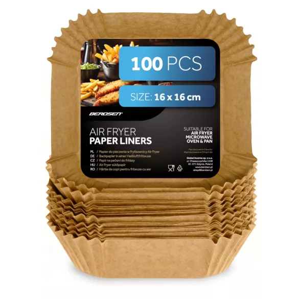 Sütőpapír Air Fryer forrólevegős sütőhöz, Berdsen, 16 x 16 cm, 100 db, natúr barna, hőálló kivitel, tapadásmentes, téglalap alakú