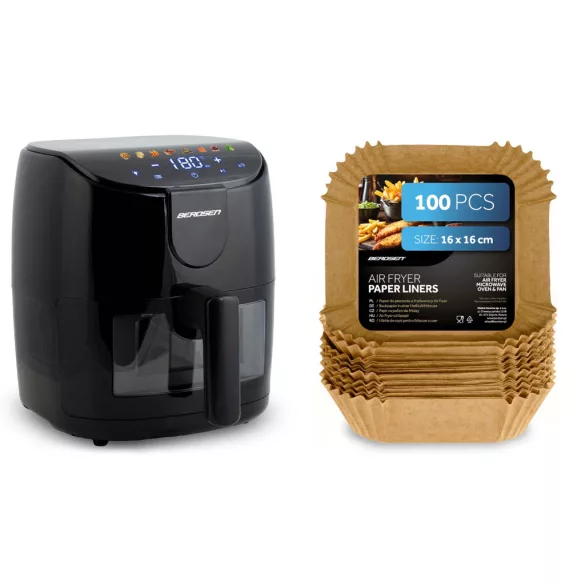 Sütőpapír Air Fryer forrólevegős sütőhöz, Berdsen, 16 x 16 cm, 100 db, natúr barna, hőálló kivitel, tapadásmentes, téglalap alakú