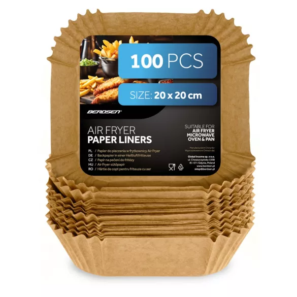 Sütőpapír Air Fryer forrólevegős sütőhöz, Berdsen, 20 x 20 cm, 100 db, natúr barna, hőálló kivitel, tapadásmentes, téglalap alakú