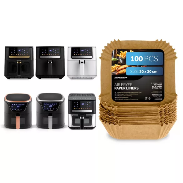 Sütőpapír Air Fryer forrólevegős sütőhöz, Berdsen, 20 x 20 cm, 100 db, natúr barna, hőálló kivitel, tapadásmentes, téglalap alakú