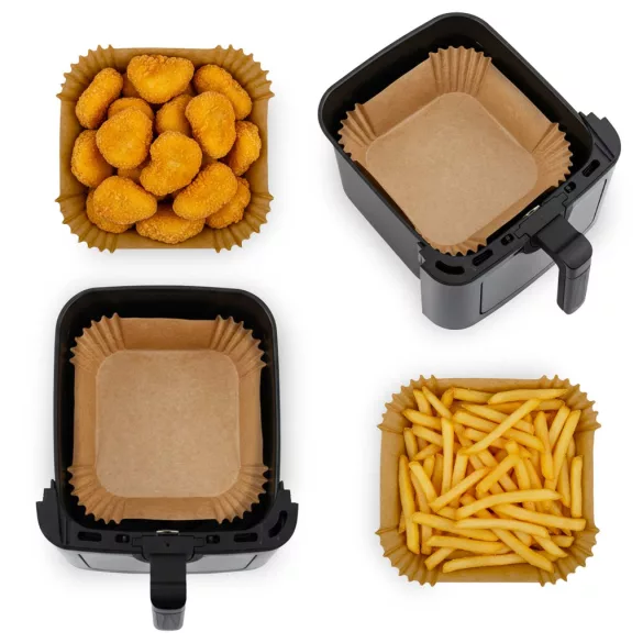 Sütőpapír Air Fryer forrólevegős sütőhöz, Berdsen, 23 x 23 cm, 100 db, natúr barna, hőálló kivitel, tapadásmentes, téglalap alakú