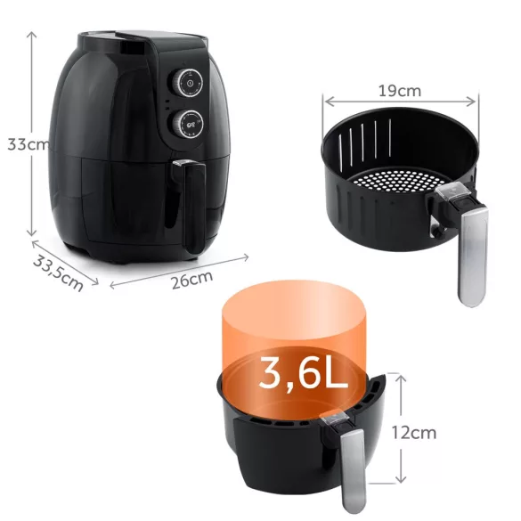 Air Fryer forrólevegős sütő, Berdsen BD-650, 3,6 l, fekete, olaj nélküli sütés, hőmérséklet szabályozóval, energiatakarékos, 1300 W