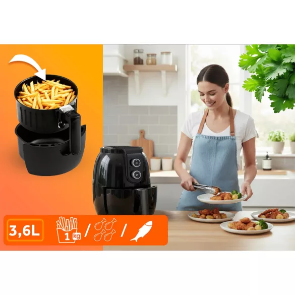 Air Fryer forrólevegős sütő, Berdsen BD-650, 3,6 l, fekete, olaj nélküli sütés, hőmérséklet szabályozóval, energiatakarékos, 1300 W