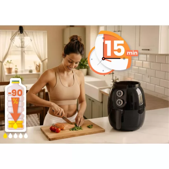 Air Fryer forrólevegős sütő, Berdsen BD-650, 3,6 l, fekete, olaj nélküli sütés, hőmérséklet szabályozóval, energiatakarékos, 1300 W