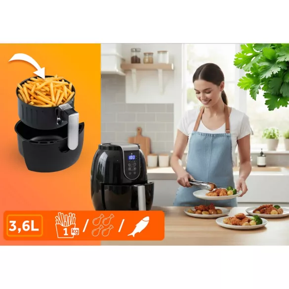 Air Fryer forrólevegős sütő, Berdsen BD-651, 3,6 l, ezüst/fekete, olaj nélküli sütés, hőszigetelést biztosító ház, energiatakarékos, 1300 W