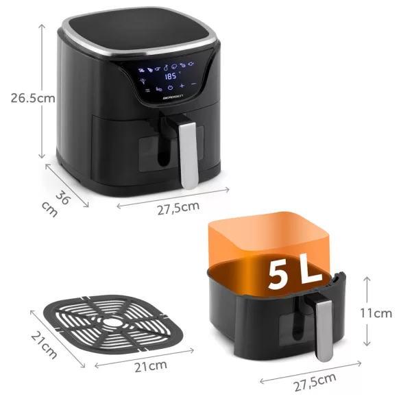 Air Fryer forrólevegős sütő, Berdsen BD-652, 5 l, ezüst/fekete, olaj nélküli sütés, hőszigetelést biztosító ház, nem igényel sütőpapírt, 1500 W