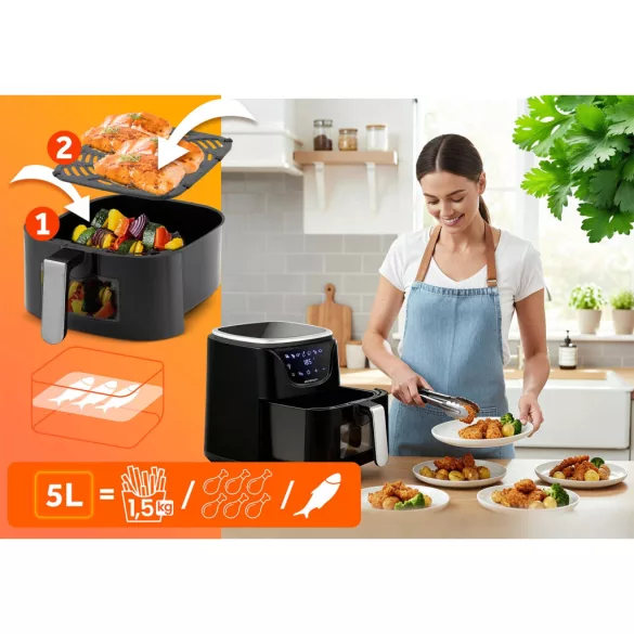 Air Fryer forrólevegős sütő, Berdsen BD-652, 5 l, ezüst/fekete, olaj nélküli sütés, hőszigetelést biztosító ház, nem igényel sütőpapírt, 1500 W