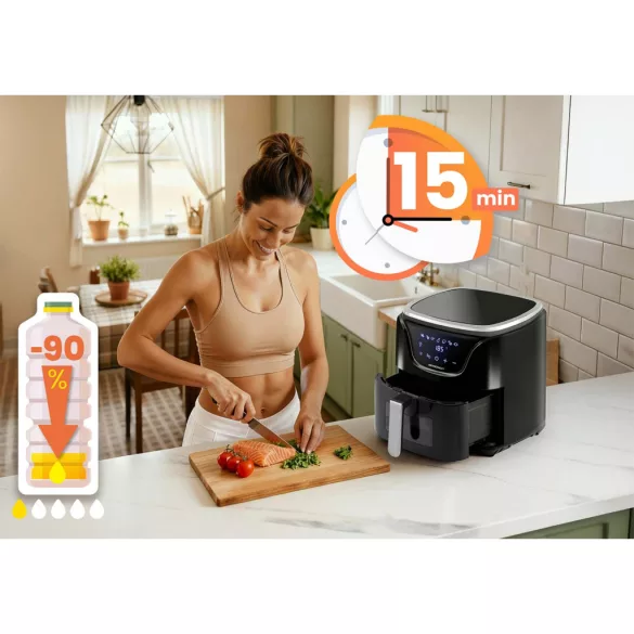 Air Fryer forrólevegős sütő, Berdsen BD-652, 5 l, ezüst/fekete, olaj nélküli sütés, hőszigetelést biztosító ház, nem igényel sütőpapírt, 1500 W