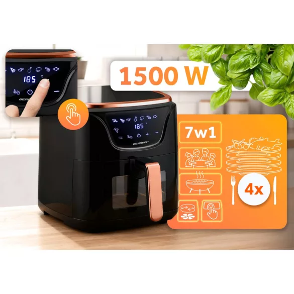 Air Fryer forrólevegős sütő, Berdsen BD-652, 5 l, arany/fekete, olaj nélküli sütés, hőszigetelést biztosító ház, nem igényel sütőpapírt, 1500 W