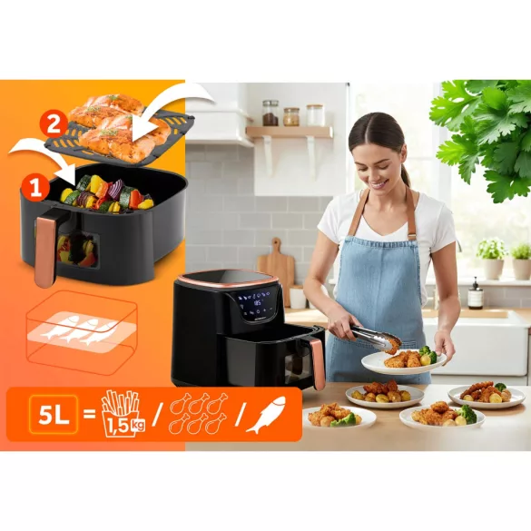 Air Fryer forrólevegős sütő, Berdsen BD-652, 5 l, arany/fekete, olaj nélküli sütés, hőszigetelést biztosító ház, nem igényel sütőpapírt, 1500 W