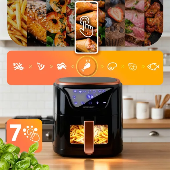 Air Fryer forrólevegős sütő, Berdsen BD-652, 5 l, arany/fekete, olaj nélküli sütés, hőszigetelést biztosító ház, nem igényel sütőpapírt, 1500 W