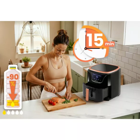 Air Fryer forrólevegős sütő, Berdsen BD-652, 5 l, arany/fekete, olaj nélküli sütés, hőszigetelést biztosító ház, nem igényel sütőpapírt, 1500 W