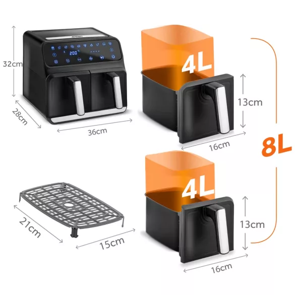 Air Fryer forrólevegős sütő, Berdsen BD-653, 8 l, ezüst/fekete, olaj nélküli sütés, hőszigetelést biztosító ház, rozsdamentes tálca, 1700 W