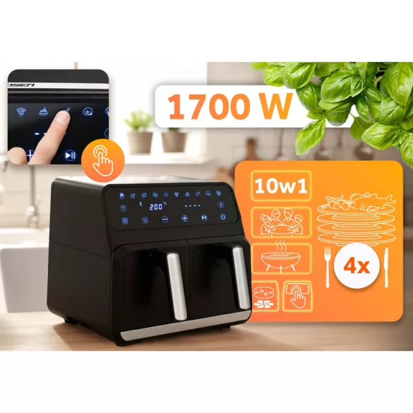 Air Fryer forrólevegős sütő, Berdsen BD-653, 8 l, ezüst/fekete, olaj nélküli sütés, hőszigetelést biztosító ház, rozsdamentes tálca, 1700 W
