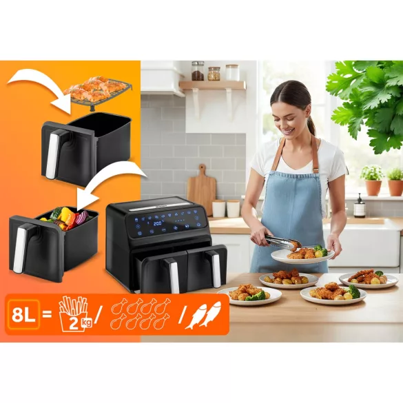 Air Fryer forrólevegős sütő, Berdsen BD-653, 8 l, ezüst/fekete, olaj nélküli sütés, hőszigetelést biztosító ház, rozsdamentes tálca, 1700 W