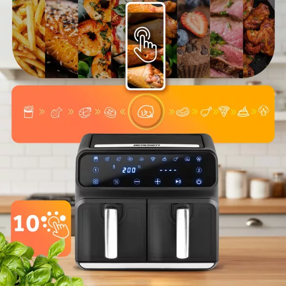 Air Fryer forrólevegős sütő, Berdsen BD-653, 8 l, ezüst/fekete, olaj nélküli sütés, hőszigetelést biztosító ház, rozsdamentes tálca, 1700 W