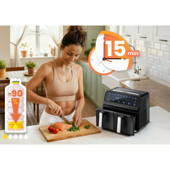 Air Fryer forrólevegős sütő, Berdsen BD-653, 8 l, ezüst/fekete, olaj nélküli sütés, hőszigetelést biztosító ház, rozsdamentes tálca, 1700 W