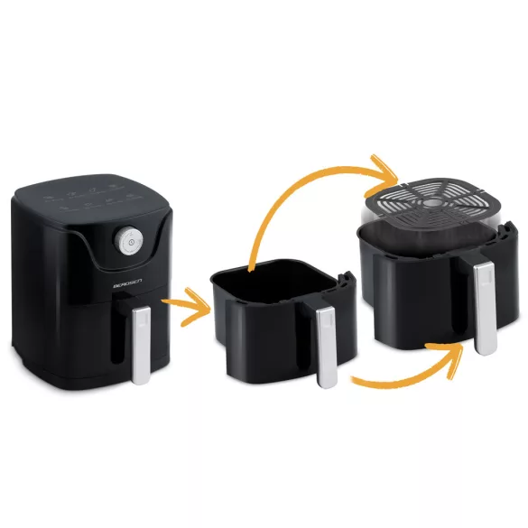 Air Fryer forrólevegős sütő, Berdsen BD-654, 2,5 l, ezüst/fekete, olaj nélküli sütés, 8 programos, hőszigetelést biztosító ház, 1000 W