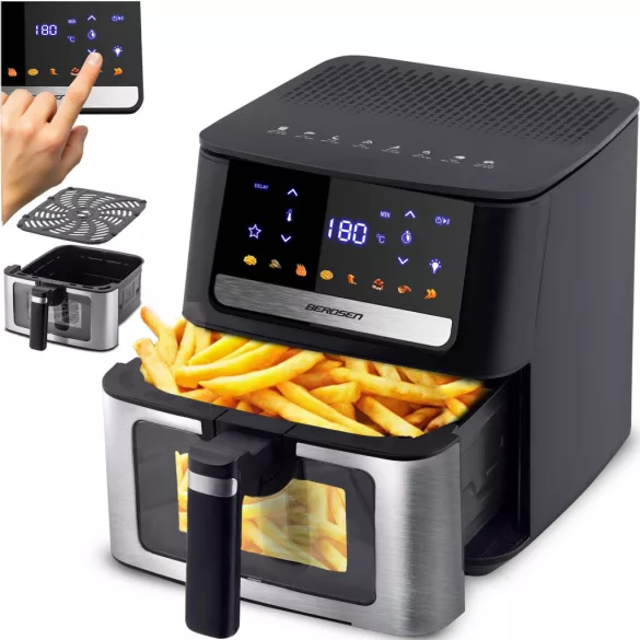 Air Fryer forrólevegős sütő, Berdsen BD-655, 6,5 l, ezüst/fekete, olaj nélküli sütés, érintőkijelzős, 8 programos, ablakos kosár, LED világítás, 1700 W