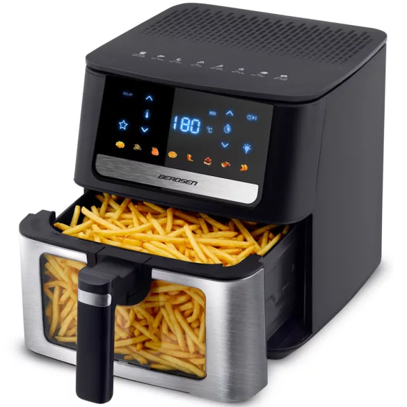 Air Fryer forrólevegős sütő, Berdsen BD-655, 6,5 l, ezüst/fekete, olaj nélküli sütés, érintőkijelzős, 8 programos, ablakos kosár, LED világítás, 1700 W