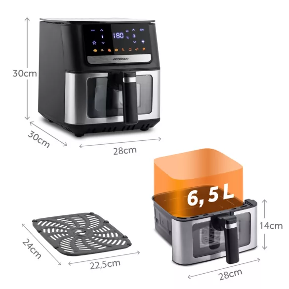 Air Fryer forrólevegős sütő, Berdsen BD-655, 6,5 l, ezüst/fekete, olaj nélküli sütés, érintőkijelzős, 8 programos, ablakos kosár, LED világítás, 1700 W