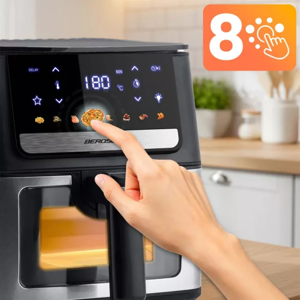 Air Fryer forrólevegős sütő, Berdsen BD-655, 6,5 l, ezüst/fekete, olaj nélküli sütés, érintőkijelzős, 8 programos, ablakos kosár, LED világítás, 1700 W