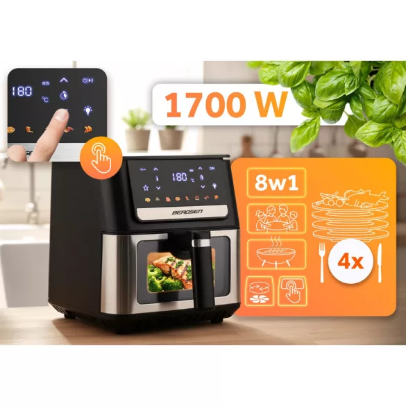 Air Fryer forrólevegős sütő, Berdsen BD-655, 6,5 l, ezüst/fekete, olaj nélküli sütés, érintőkijelzős, 8 programos, ablakos kosár, LED világítás, 1700 W