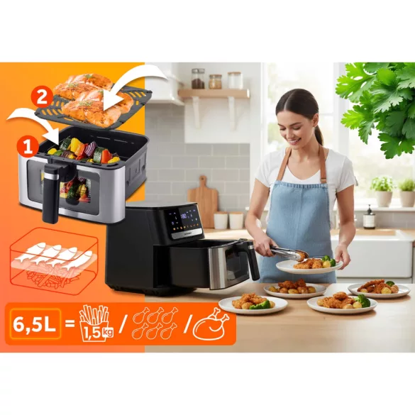 Air Fryer forrólevegős sütő, Berdsen BD-655, 6,5 l, ezüst/fekete, olaj nélküli sütés, érintőkijelzős, 8 programos, ablakos kosár, LED világítás, 1700 W