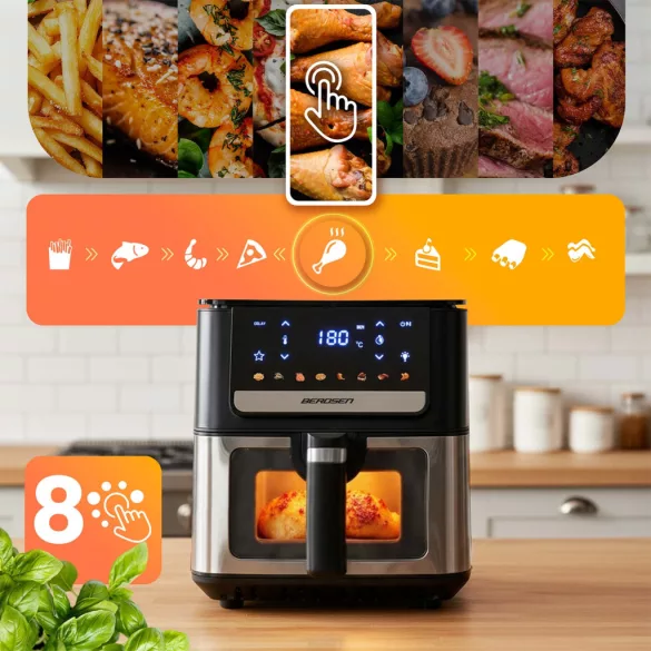Air Fryer forrólevegős sütő, Berdsen BD-655, 6,5 l, ezüst/fekete, olaj nélküli sütés, érintőkijelzős, 8 programos, ablakos kosár, LED világítás, 1700 W