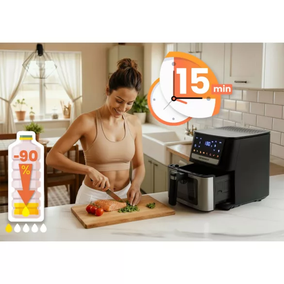 Air Fryer forrólevegős sütő, Berdsen BD-655, 6,5 l, ezüst/fekete, olaj nélküli sütés, érintőkijelzős, 8 programos, ablakos kosár, LED világítás, 1700 W