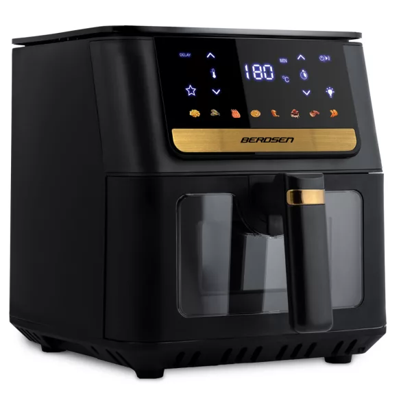 Air Fryer forrólevegős sütő, Berdsen BD-655, 6,5 l, fekete, olaj nélküli sütés, érintőkijelzős, 8 programos, ablakos kosár, LED világítás, 1700 W
