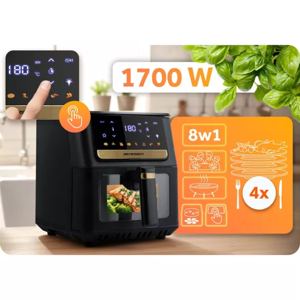Air Fryer forrólevegős sütő, Berdsen BD-655, 6,5 l, fekete, olaj nélküli sütés, érintőkijelzős, 8 programos, ablakos kosár, LED világítás, 1700 W