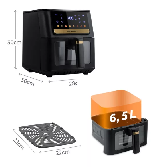Air Fryer forrólevegős sütő, Berdsen BD-655, 6,5 l, fekete, olaj nélküli sütés, érintőkijelzős, 8 programos, ablakos kosár, LED világítás, 1700 W