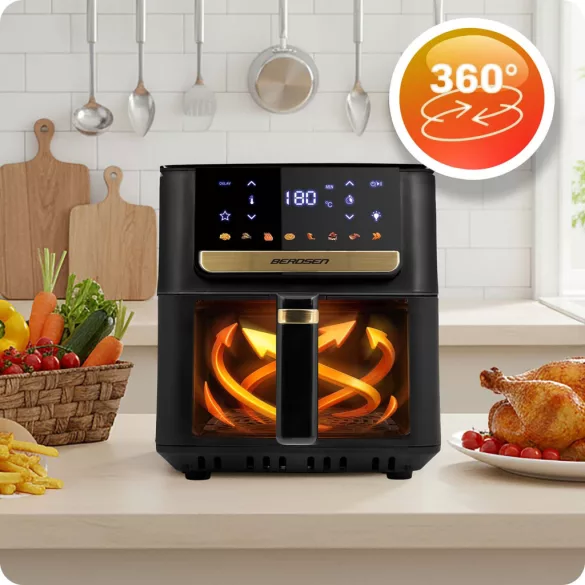 Air Fryer forrólevegős sütő, Berdsen BD-655, 6,5 l, fekete, olaj nélküli sütés, érintőkijelzős, 8 programos, ablakos kosár, LED világítás, 1700 W