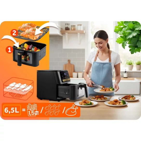 Air Fryer forrólevegős sütő, Berdsen BD-655, 6,5 l, fekete, olaj nélküli sütés, érintőkijelzős, 8 programos, ablakos kosár, LED világítás, 1700 W