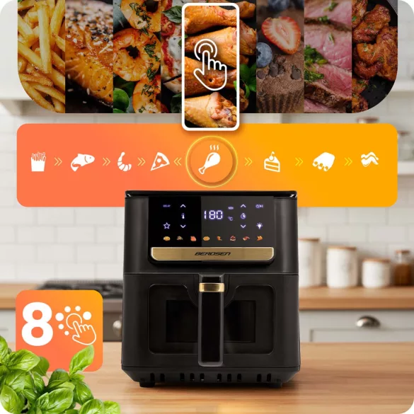Air Fryer forrólevegős sütő, Berdsen BD-655, 6,5 l, fekete, olaj nélküli sütés, érintőkijelzős, 8 programos, ablakos kosár, LED világítás, 1700 W