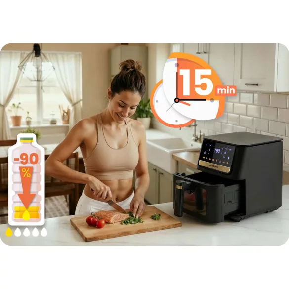 Air Fryer forrólevegős sütő, Berdsen BD-655, 6,5 l, fekete, olaj nélküli sütés, érintőkijelzős, 8 programos, ablakos kosár, LED világítás, 1700 W