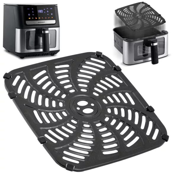 Rácsos tálca Berdsen BD-655 és BD-662 típusú Air Fryer forrólevegős sütőhöz, rozsdamentes, tapadásmentes, 24 x 22,5 cm