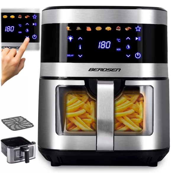 Air Fryer forrólevegős sütő, Berdsen BD-656, 9,1 l, ezüst/fekete, olaj nélküli sütés, érintőkijelzős, 7 programos, ablakos kosár, LED világítás, 1700 W