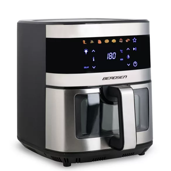 Air Fryer forrólevegős sütő, Berdsen BD-656, 9,1 l, ezüst/fekete, olaj nélküli sütés, érintőkijelzős, 7 programos, ablakos kosár, LED világítás, 1700 W