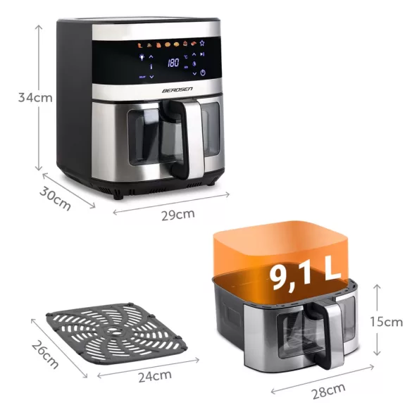 Air Fryer forrólevegős sütő, Berdsen BD-656, 9,1 l, ezüst/fekete, olaj nélküli sütés, érintőkijelzős, 7 programos, ablakos kosár, LED világítás, 1700 W