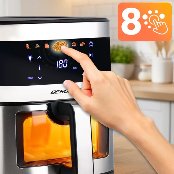 Air Fryer forrólevegős sütő, Berdsen BD-656, 9,1 l, ezüst/fekete, olaj nélküli sütés, érintőkijelzős, 7 programos, ablakos kosár, LED világítás, 1700 W