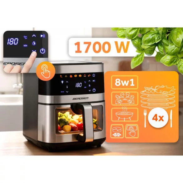 Air Fryer forrólevegős sütő, Berdsen BD-656, 9,1 l, ezüst/fekete, olaj nélküli sütés, érintőkijelzős, 7 programos, ablakos kosár, LED világítás, 1700 W