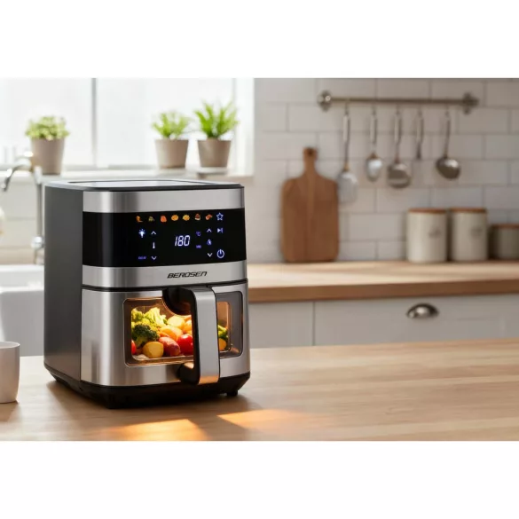 Air Fryer forrólevegős sütő, Berdsen BD-656, 9,1 l, ezüst/fekete, olaj nélküli sütés, érintőkijelzős, 7 programos, ablakos kosár, LED világítás, 1700 W